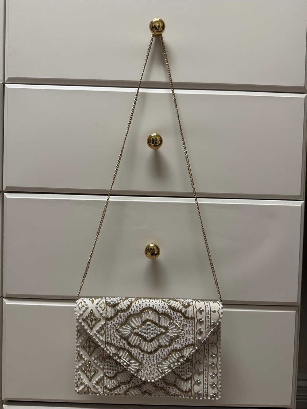 Lulu's White Beaded Envelope Clutch with Gold Chain